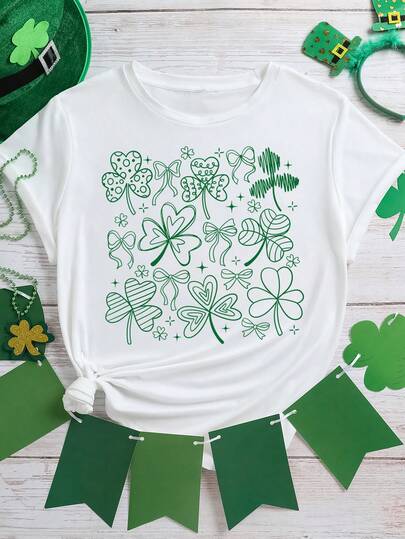 EMERY ROSE St. Patrick's Day Hand-Painted Doodle Clover Bowtie Printed Casual Plus-Sized T-Shirt