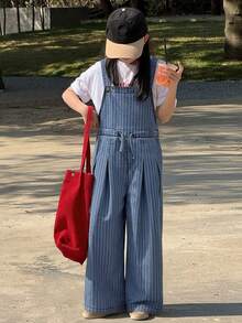 DAZY Tween Girl Striped Pleated Pocket Drawstring Waist Wide Leg Casual Denim Jumpsuit - Blue - View 6