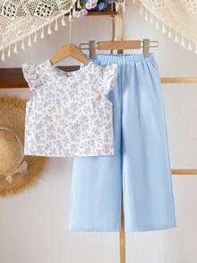 Elladie kids Bộ đồ 2 món cho bé gái: Áo thun ngắn tay cài cúc sau lưng và quần dài kiểu dáng thường ngày làm từ vải có họa tiết. - Màu xanh lam - Xem 2