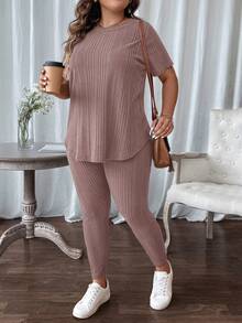 SHEIN LUNE 加大码圆领短袖纯色宽松罗纹两件套 - 藕粉色 - 查看 4