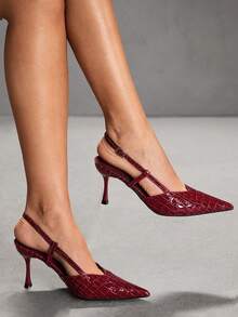 CUCCOO SZL Women's Pointed Toe Burgundy Patent Leather Stone Texture Lace-Up Backless Sexy Stiletto High Heel Sandals, Suitable For Dates And Parties - Burgundy - View 3