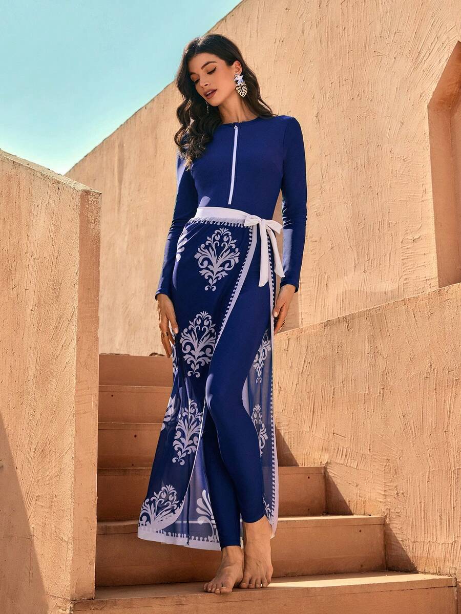 Swim Mulvari Spring/Summer Hot Selling Beach Vacation Casual Zip-Front Jumpsuit + Elastic Waist Pants + Print Mesh Coverup 3 Pieces Set - Multicolor - View 1