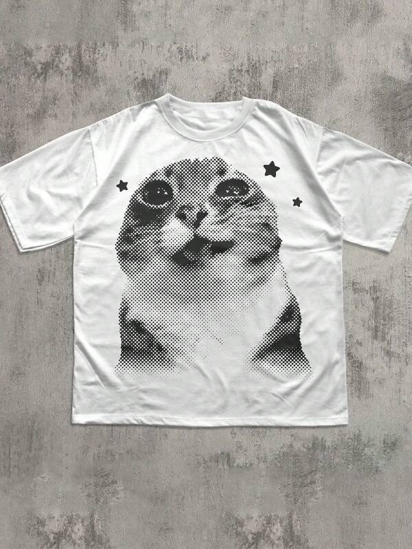 Glimmora Women's Casual Cat Print Round Neck Short Sleeve T-Shirt, Summer