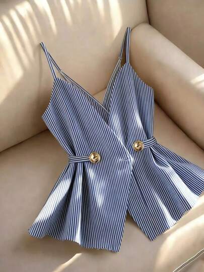 Franclia Blusa casual y elegante de rayas con botones/camiseta de tirantes, perfecta para vacaciones de verano y primavera. Características: cintura ajustada, parte superior, diseño de rayas y talla grande. También adecuada para uso casual de mujer, esta blusa azul es una opción elegante para mujeres.