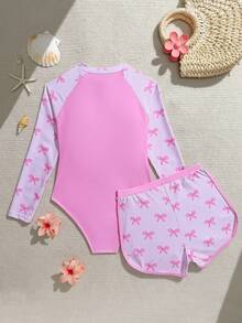 SHEIN 新款时尚少女泳装，拼接蝴蝶结条纹印花连体泳衣，带拉链，长袖短裤保守款泳装套装 - 粉色 - 查看 2