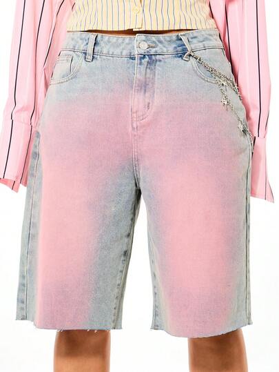 SUMWON WOMEN Knee Length Denim Ombre Bermuda Shorts With Pink And Blue Tie Dye Wash Effect High Rise Baggy Fit Raw Hem