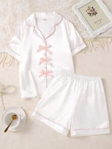 Teen GirlWhite Faux Silk & Ribbed Fabric Contrast Trim Shirt & Shorts Pajama Set - White - View 3