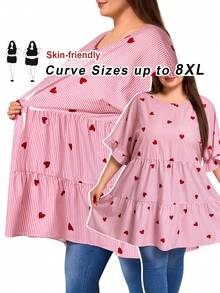 SHEIN CURVE+ 加大码女装春夏休闲条纹爱心图案灯笼袖复古衬衫波西米亚风度假风，情人节娃娃衬衫 - 彩色 - 查看 1