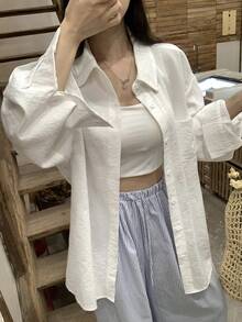 Livesso 女士宽松版型正式通勤白色翻领衬衫 - 白色 - 查看 4