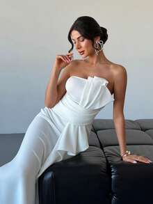 Firerie Women's Elegant, Exquisite, Romantic, Dignified, Luxurious Holiday Ball Gown, Suitable For Valentine's Day, Date, Birthday Party, Vacation, Asymmetrical Mermaid Strapless White Dress ,Summer Dress,Elegant Dress - White - View 2