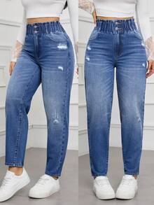 SHEIN Tall 女士休闲破洞修身牛仔裤 - 中等水洗藍 - 查看 1