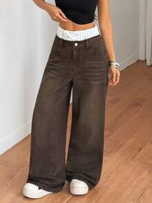 SHEIN Tall 夏季女式牛仔裤低腰宽松直筒裤双腰直筒裤拼接直筒裤 - 棕色 - 查看 7