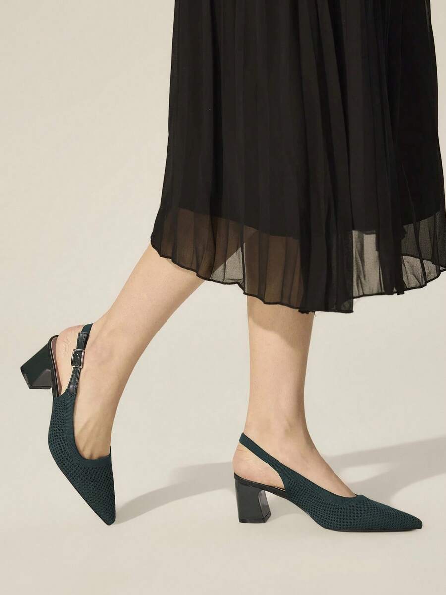 CUCCOO BASICS 女士尖头粗跟中跟绿色布面露跟夏季透气春季鞋圣诞节搭扣后带镂空透气通勤鞋 - 墨綠色 - 查看 1