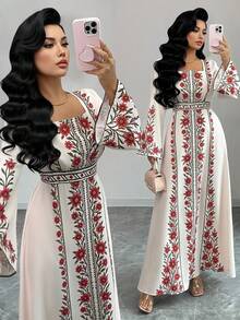 Yasmyna Women's Vintage Square Neck Long Sleeve Waist Cinched Dress, Slimming, Spring/Autumn - Multicolor - View 1
