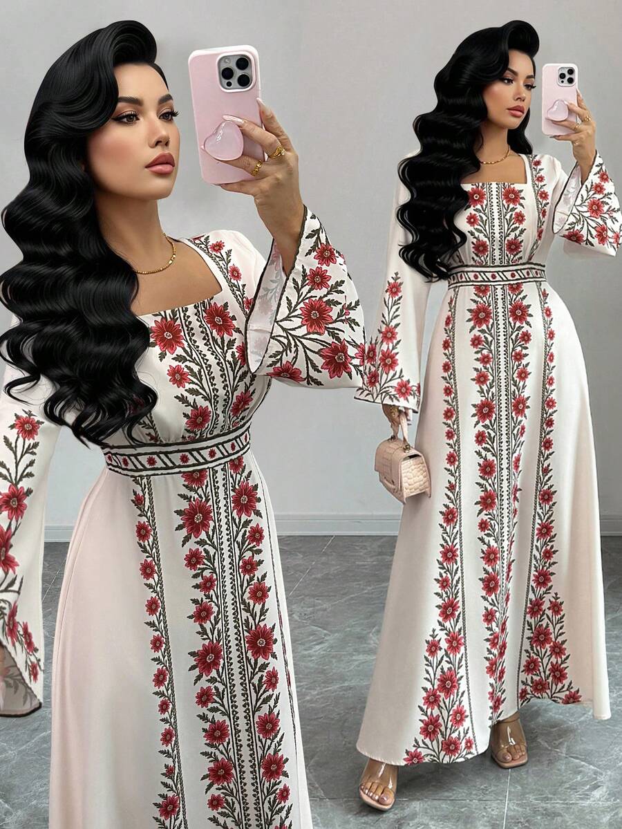 Yasmyna Women's Vintage Square Neck Long Sleeve Waist Cinched Dress, Slimming, Spring/Autumn - Multicolor - View 1