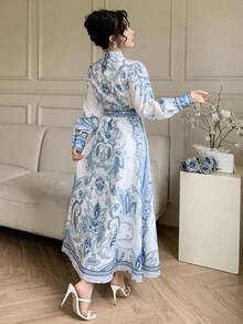 DAZY Đầm maxi thanh lịch màu xanh trắng phối sứ tương phản, thích hợp cho ngày Valentine, đám cưới, tiệc tùng, sự kiện trang trọng, sự kiện thời trang, đi làm, thắt eo, chân váy xòe, tay dài. - Màu xanh lam - Xem 4