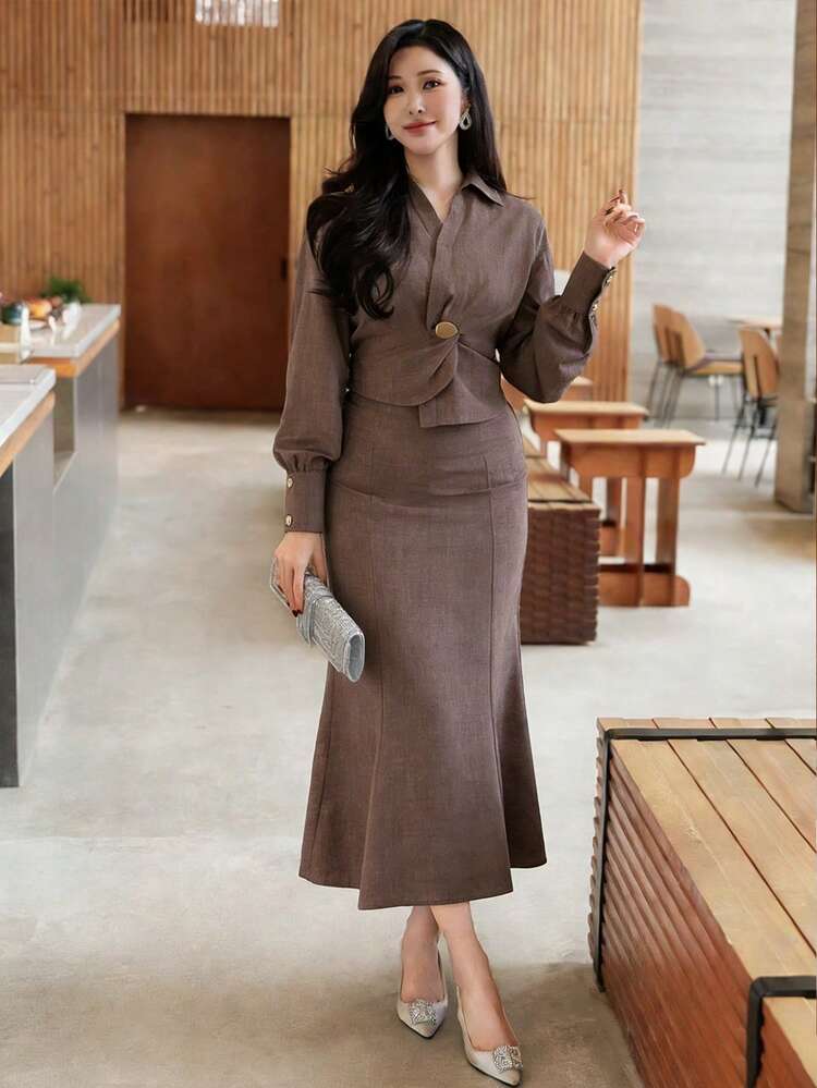 Women's Casual Collared Metal Button Waist Top And Skirt 2 Pieces Set