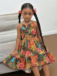 Đầm cổ yếm không tay in hoa tối giản thanh lịch dành cho bé gái - Hồng - Xem 2