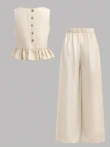 SHEIN 两件套少女休闲可爱时尚套装，包含吊带背心和宽松长裤，适合外出、拍照、公园、露营、日常穿着、派对、度假等场合。 - 杏色 - 查看 2