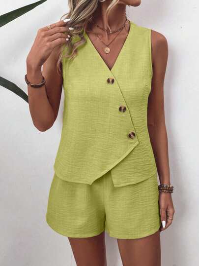 EMERY ROSE Women's Solid Color V-Neck Sleeveless Front Button Textured Fabric 2-Piece Set