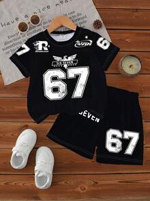 SHEIN Explorewe 一套青少年男童休闲酷炫运动风黑白字母“67”及老鹰印花短袖T恤和短裤套装，夏季 - 彩色 - 查看 3