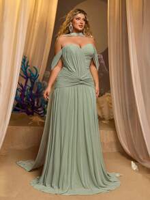 Glamrae 大码优雅奢华莲花粉婚纱，缎面和网纱拼接的抹胸领口设计，饰以3D立体花卉，宽松A字廓形，适合正式场合、派对、约会、婚礼等。 - 綠色 - 查看 8