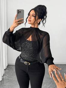 Elenzga Áo hai dây nữ thời trang đính sequin, thiết kế cổ đứng, phối cùng khăn choàng lưới và dây đeo mỏng, áo thun sequin thanh lịch, thích hợp cho các buổi tiệc mùa xuân/thu/đông, hẹn hò, Giáng sinh, Halloween, Ngày lễ tình nhân, Năm mới và các ngày lễ khác. - màu đen - Xem 6