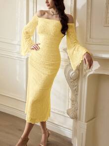Vintamour 复古优雅女士针织提花蕾丝花朵网纱露肩修身连衣裙，适合假日派对、休闲夏季穿着，也可作为度假服装。白色连衣裙，夏季连衣裙，白色连衣裙，舞会礼服，生日礼服，婚礼宾客礼服，复活节春季连衣裙，夏季服装，春季套装，复活节礼服，生日套装，婚礼礼服，春假礼服 - 鵝黃色 - 查看 2