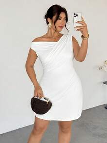 Firerie Plus Size Women's Elegant White Summer Dress, Minimalist Chic Party Daily Commute Vacation Asymmetric Neck Draped A-Line Mini Dress - White - View 3