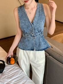 DAZY 女士V领韩版做旧牛仔休闲衬衫 - 藍色 - 查看 1