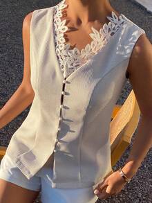 Livesso 女士蕾丝镂空无袖背心，休闲办公装，优雅适合情人节、婚礼、度假等场合，修身剪裁，棕色上衣外套 - 米色 - 查看 5