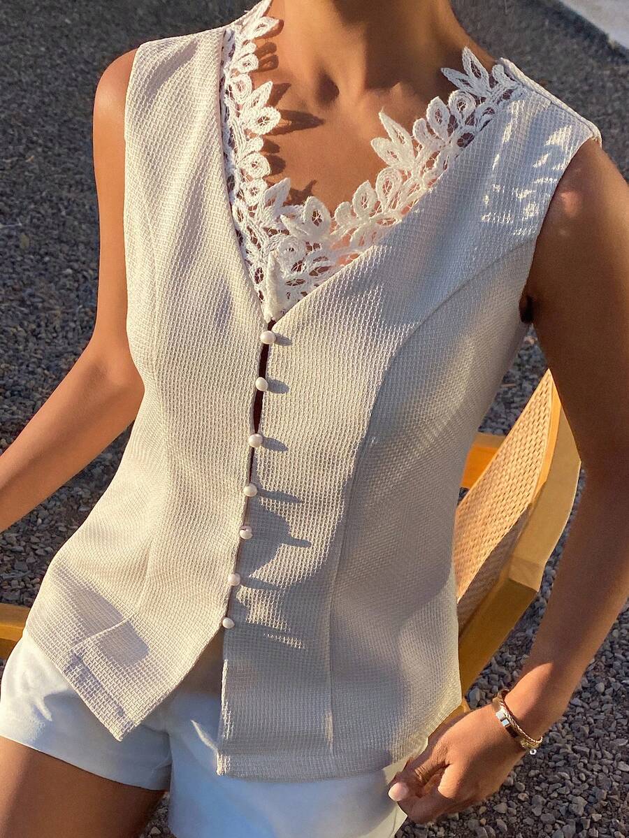 Livesso Women's Lace Hollow Out Sleeveless Vest, Casual Office Wear, Elegant For Valentine's Day, Wedding, Vacation, Slim Fit, Brown Top Jacket - Beige - View 1