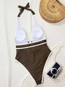 Swim Chiccia Springbreak SXY Women's Black Deep V Neck Sexy One-Piece Swimsuit, Festival Boho - Coffee Brown - View 2