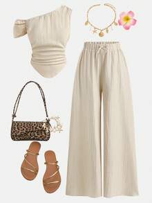 SHEIN Girlism 少女套装，杏色，露肩设计，简约风格，休闲度假风，优雅装扮 - 杏色 - 查看 1