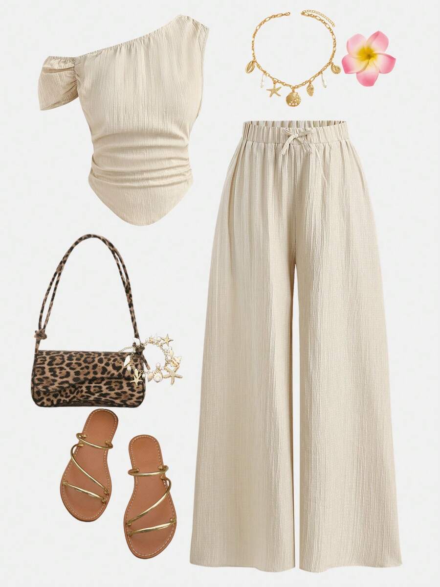 SHEIN Girlism 少女套装，杏色，露肩设计，简约风格，休闲度假风，优雅装扮 - 杏色 - 查看 1