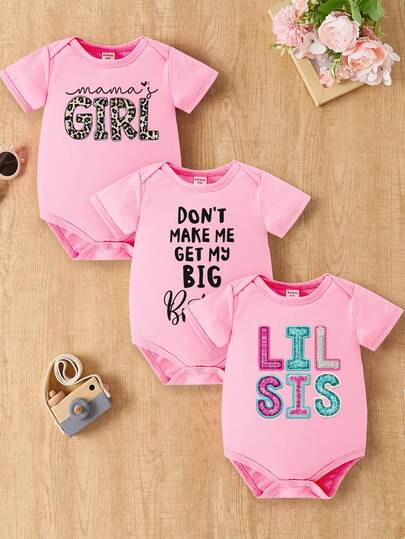 3件套女婴休闲时尚创意个性清新简约爱心豹纹印花字母图案短袖连体衣套装，舒适日常穿着，温暖夏日风格，适合春夏季节