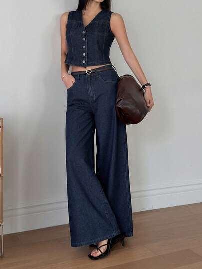 DAZY Women's V-Neck Sleeveless Cardigan And Loose Wide-Leg Jeans Casual Suit