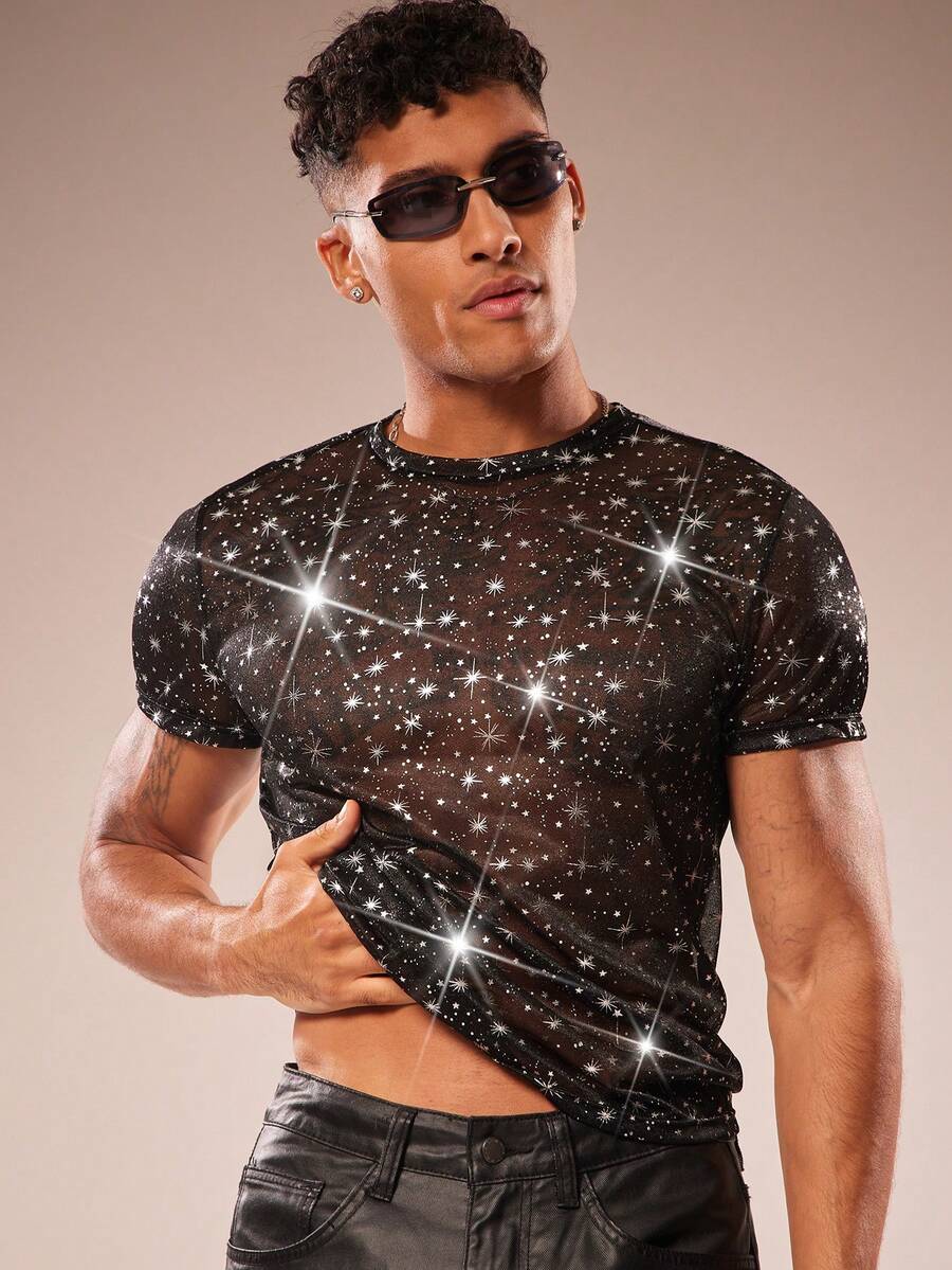 FeverCity Men's Mesh Sheer Glitter Round Neck Sexy T-Shirt - Black - View 1