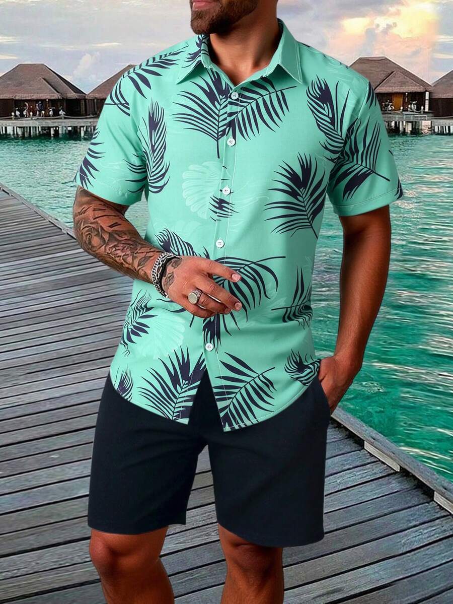 Manfinity RSRT 2pcs Men's Casual Loose Fit Front Button Short Sleeve Printed Set Cancun Shirt Men Bahama Outfit Men Tropical Outfit Men Hawaii Outfit Men Cancun Outfit Old Money,Daily Leisure, Weekend Trips, Outdoor Activities, Travel Expeditions, Relaxed Work Environments Or Semi-Formal Occasions, Boyfriend/Husband Gift, Anniversary /Birthday Gift Party Summer Vacation Holiday,Wedding,Spring To Summer - Multicolor - View 1