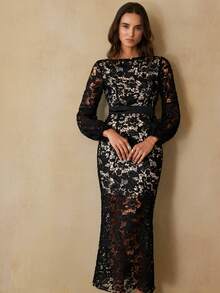 Aveloria Rosie European & American Style Fashionable Versatile Special Fabric Water-Soluble Lace Waist Cinching Long Sleeve Dress, Autumn/Winter - Black - View 6
