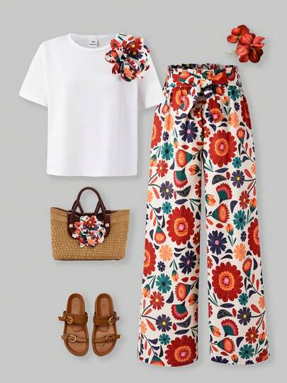  ChillGRL Girls 2-Piece Set: Knit Stretchy Crew Neck Short Sleeve T-Shirt + Tropical Floral Print Straight Leg Pants, Handmade 3D Flower Decor, Suitable For Casual Daily Wear And Vacation, Spring/Summer