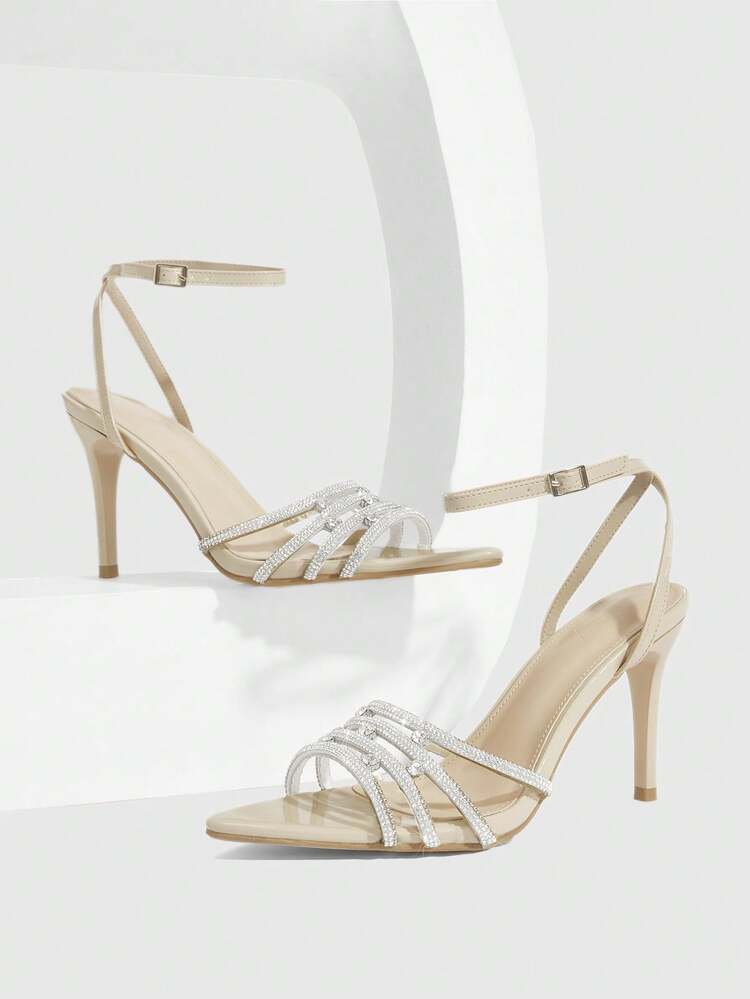 CUCCOO SZL Women Shoes Summer New Apricot Rhinestone Back Ankle Strap Women's High Heel Sandals Fashion Gorgeous Sexy Party Banquet Women's Sandals