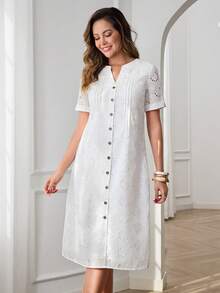 Miaspire 女士休闲V领蕾丝拼接中长连衣裙 - 白色 - 查看 5