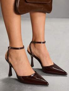 CUCCOO SZL 女士尖头细高跟棕色踝带露跟高跟鞋 女士高跟鞋 简约优雅时尚性感派对宴会女士高跟鞋 女鞋 - 鏡面咖啡171 - 查看 9