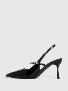 CUCCOO SZL Women's Pointed Toe Black Patent Leather Thin Heel Rhinestone Chain Strap Backless Sexy Fashion Date Night High Heels - Black - View 9