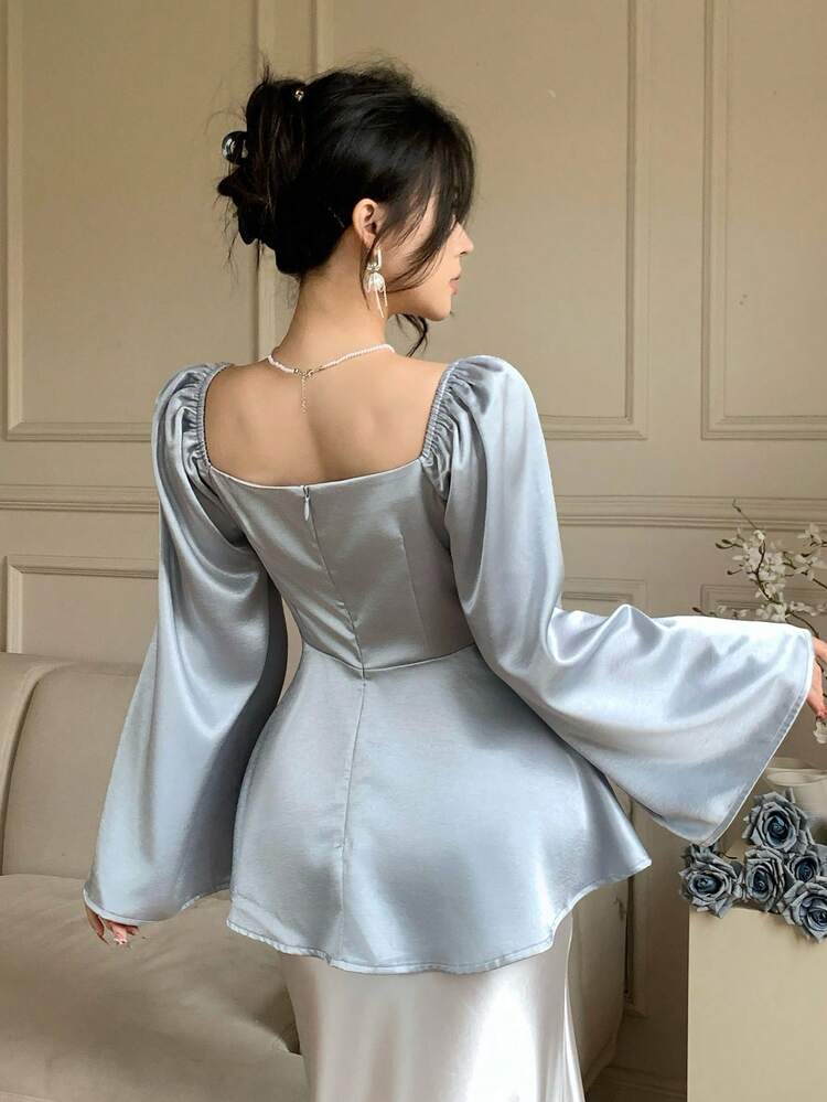 Spring & Summer Satin Solid Blue Puff Sleeve Ruffle Trim Pullover Top, Elegant For Valentine's Day, Wedding, Party, Formal Occasion, Fashion Event, Waist Cinched, Long Sleeve Blouse For Women Babydoll Top