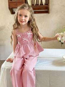 LMoss Kids 2 piezas Conjunto de top de tirantes de unicolor tejido y pantalones casuales holgados para niña joven - Rosa Pálido - Ver 7