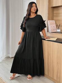 Weeklong Plus Size Solid Color Round Neck Short Sleeve Casual Loose Ruffled Hem Dress - Black - View 3