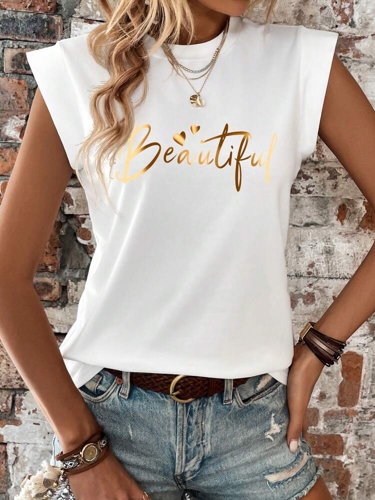 Selamara Nueva camiseta básica de manga corta, cuello redondo y estilo casual con estampado artístico del texto "Hermosa" en la parte delantera para mujeres - Blanco - Añade 1