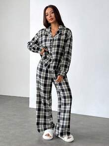 SHEIN PETITE Dames Nachtmode Pyjama Set Check Twill Loungewear Women Plaid Two Piece Set Shirt And Pants Set - Apricot - View 5